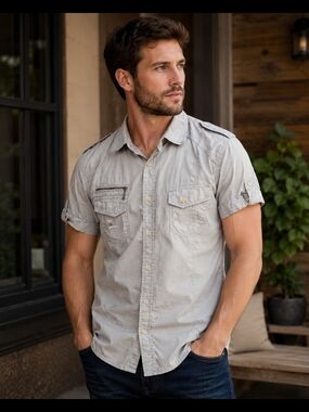 Men's Diesel Vtg Short-Sleeve Utility Casual Button-Up Shirt in Light Gray